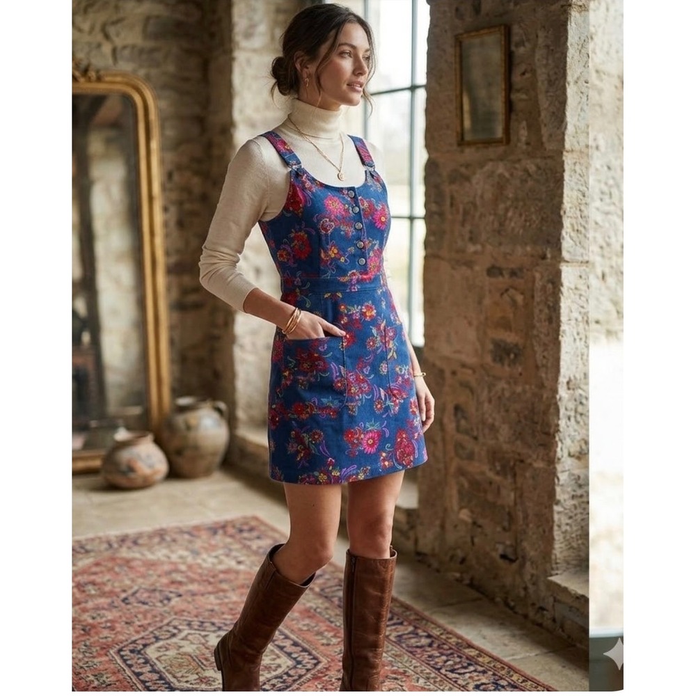 ModCloth Dress Padma Paisley Navy Corduroy Pinafore Small Floral Jumper NWT